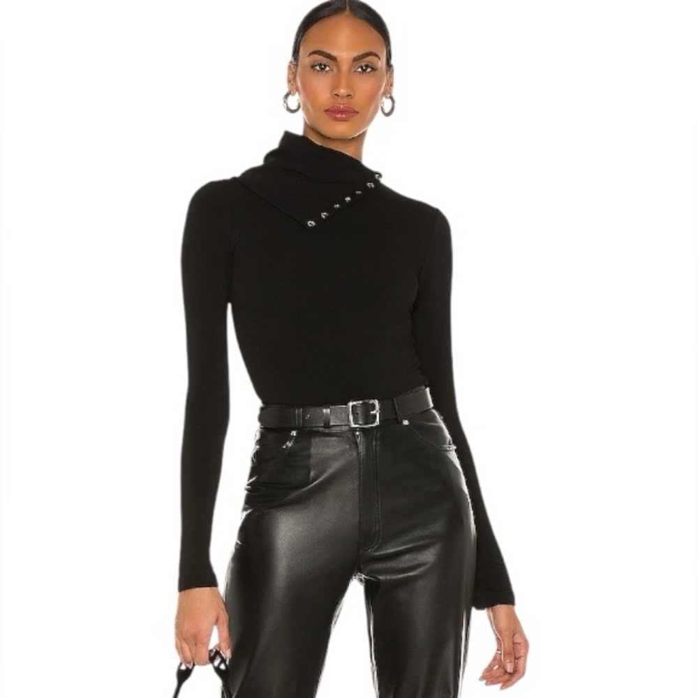 NBD Women’s Asymmetrical Snap Button Fold-Over Collar Turtleneck Black Top M